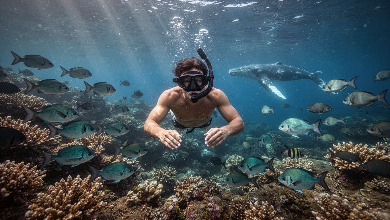 Snorkeler underwater in clear Kealakekua Bay views colorful coral reef and tropical fish with sunlight rays piercing the surface and a distant humpback whale silhouette in the deep blue background.