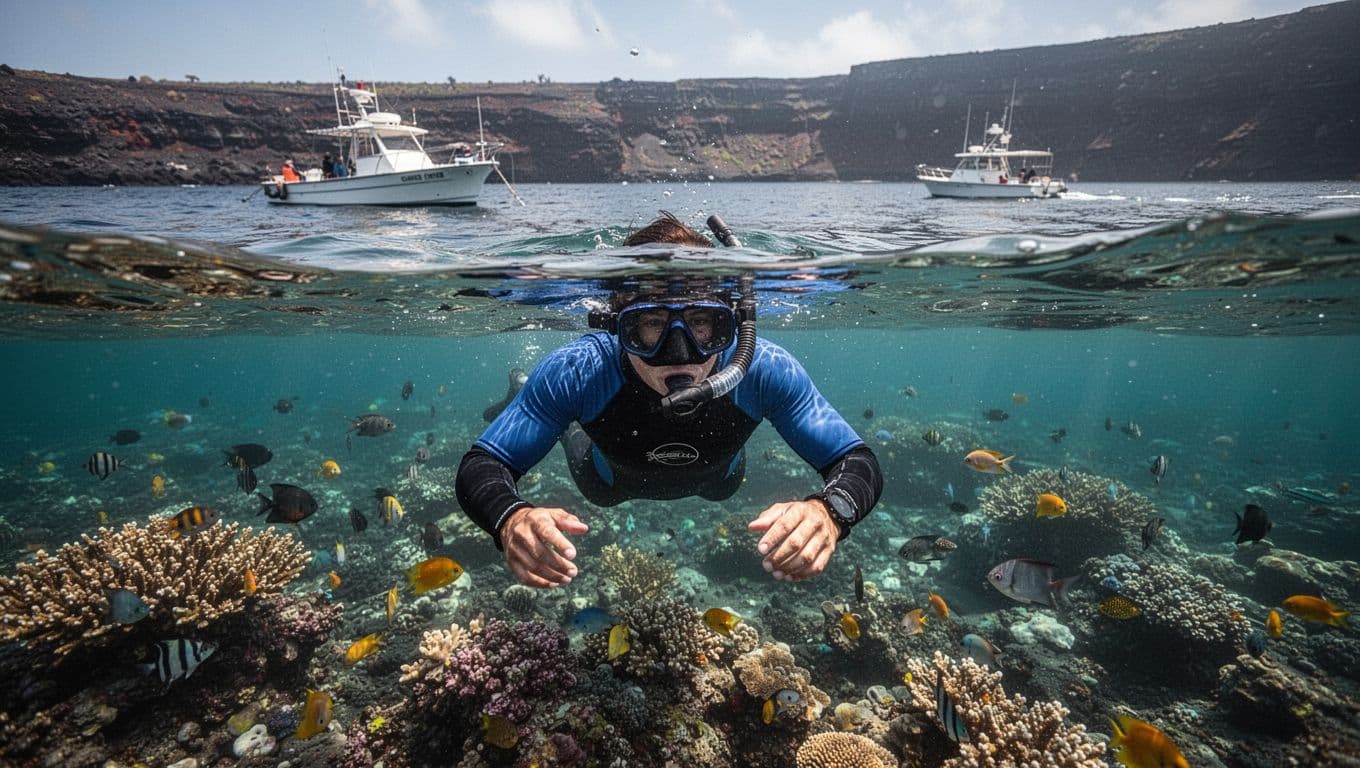 Snorkeler in rash guard and wetsuit views coral and fish in calm turquoise waters, boat above, volcanic cliffs behind.