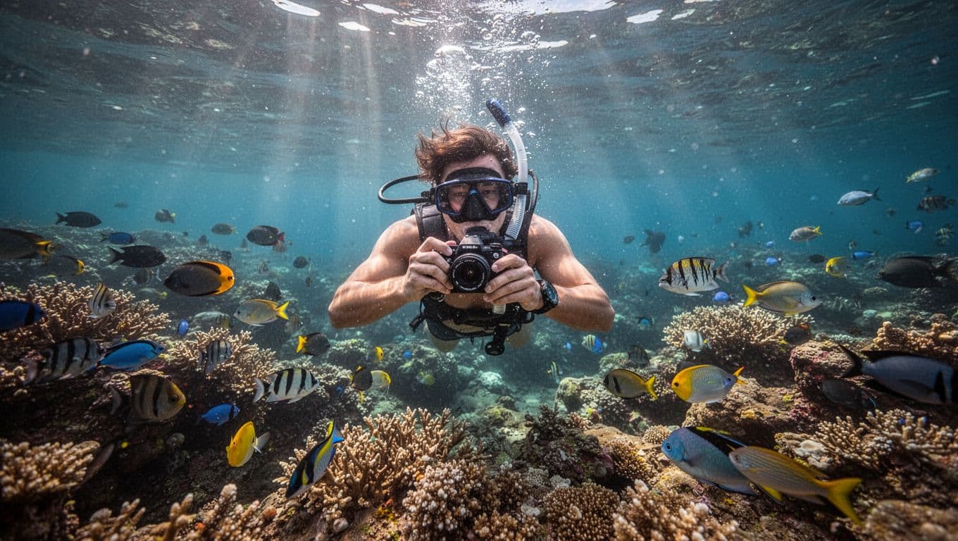 Snorkeler holds compact underwater camera aimed at coral reef and tropical fish in clear Kealakekua Bay, sun rays from surface.