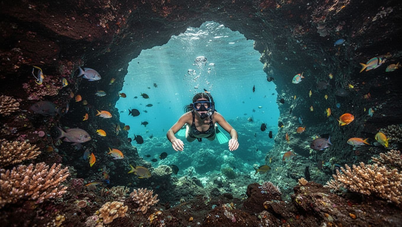 A snorkeler glides relaxed through a massive natural underwater lava rock arch on Big Island Hawaii reef, with vibrant coral, darting fish, and clear turquoise ocean water framing the scene beyond.