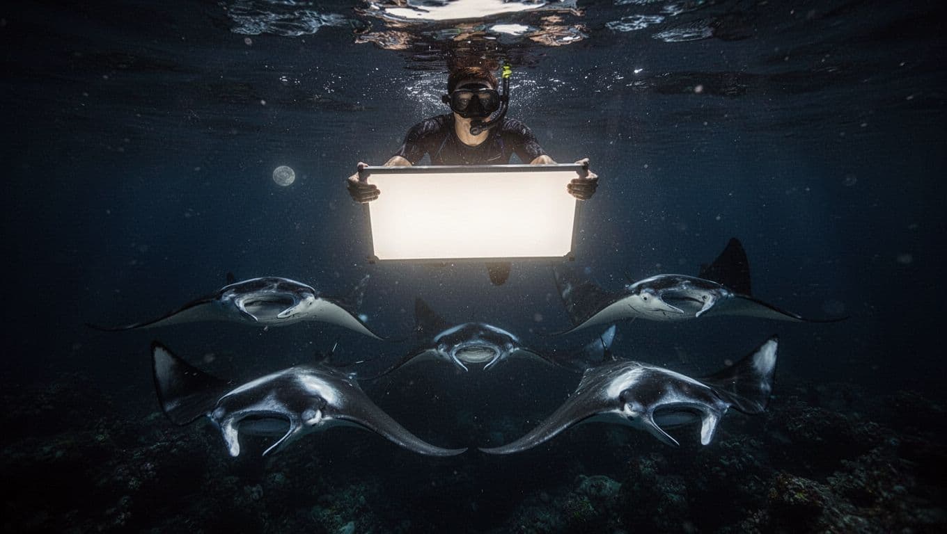 Snorkeler grips large lighted floating board in night ocean with glowing manta rays below.