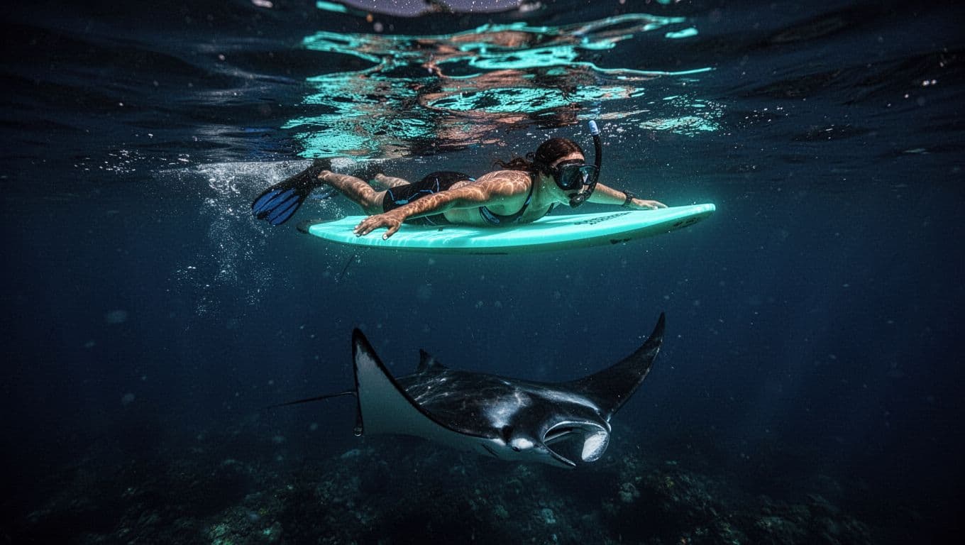 A relaxed snorkeler floats horizontally above a glowing board as a manta ray swims below.