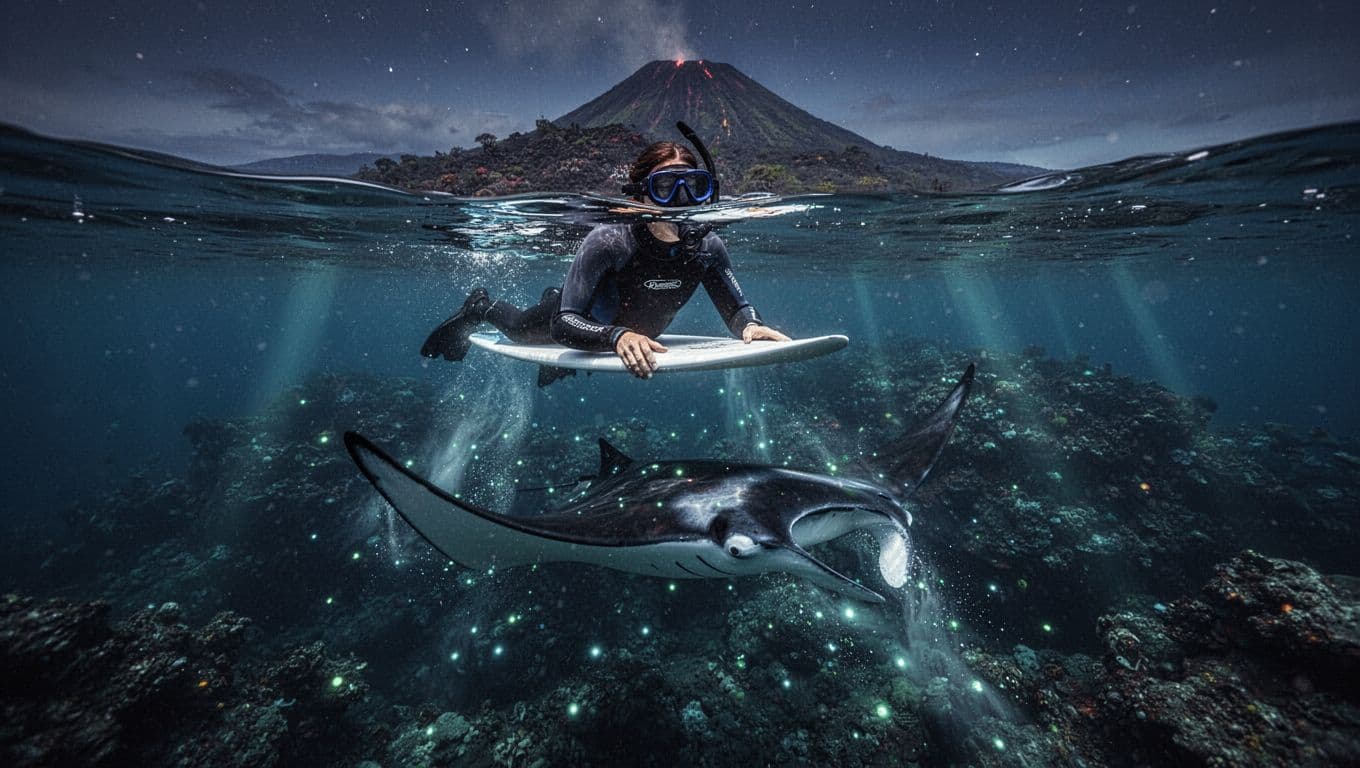 Snorkeler in wetsuit floats near surface holding lighted board, large manta ray passes underneath in clear night water with bioluminescent glow and volcanic reef background.