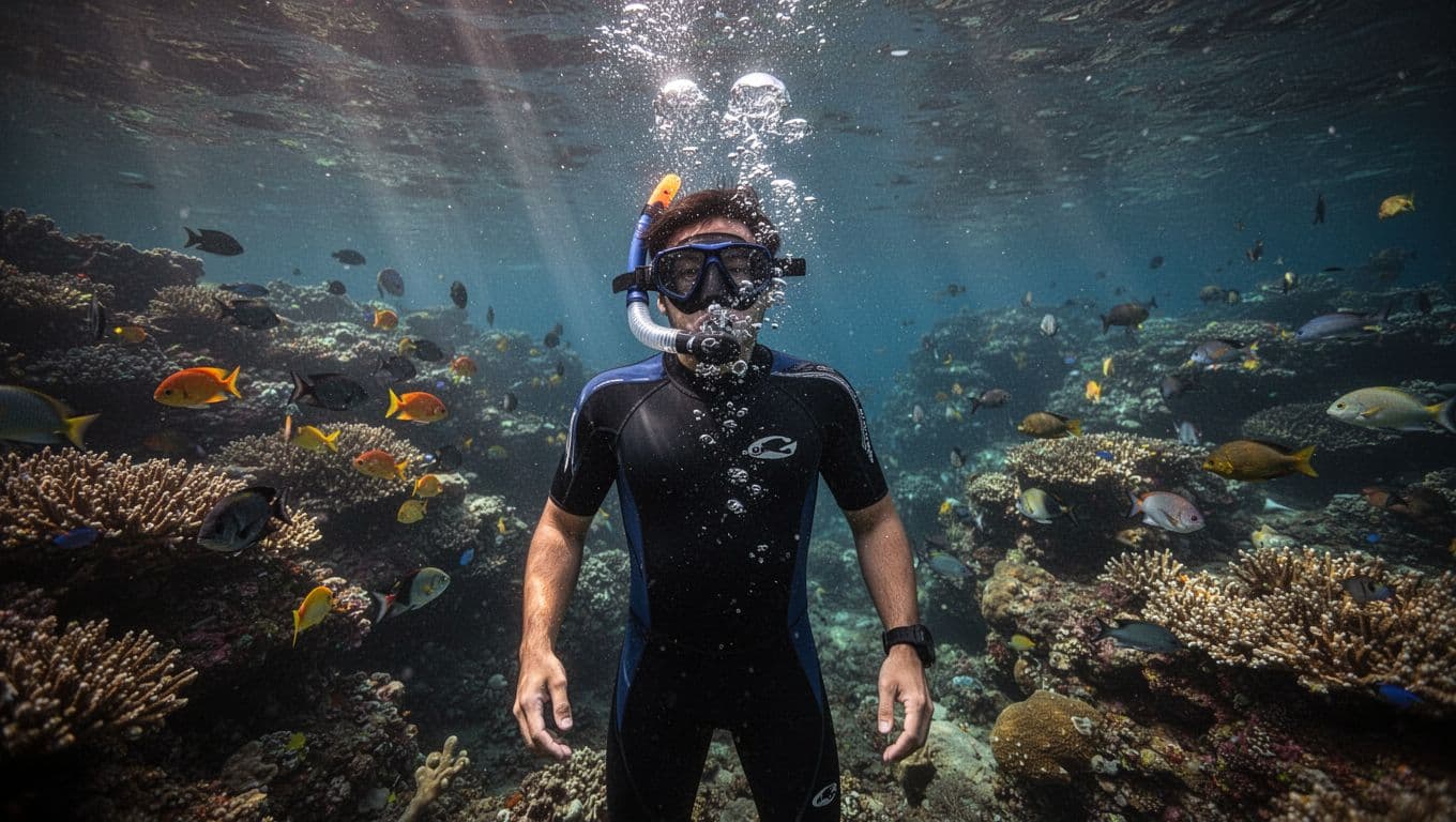 Underwater view of a snorkeler exhaling strongly through the nose to blast water out of the mask, with rising bubbles and a colorful Oahu coral reef filled with fish in the cinematic background.