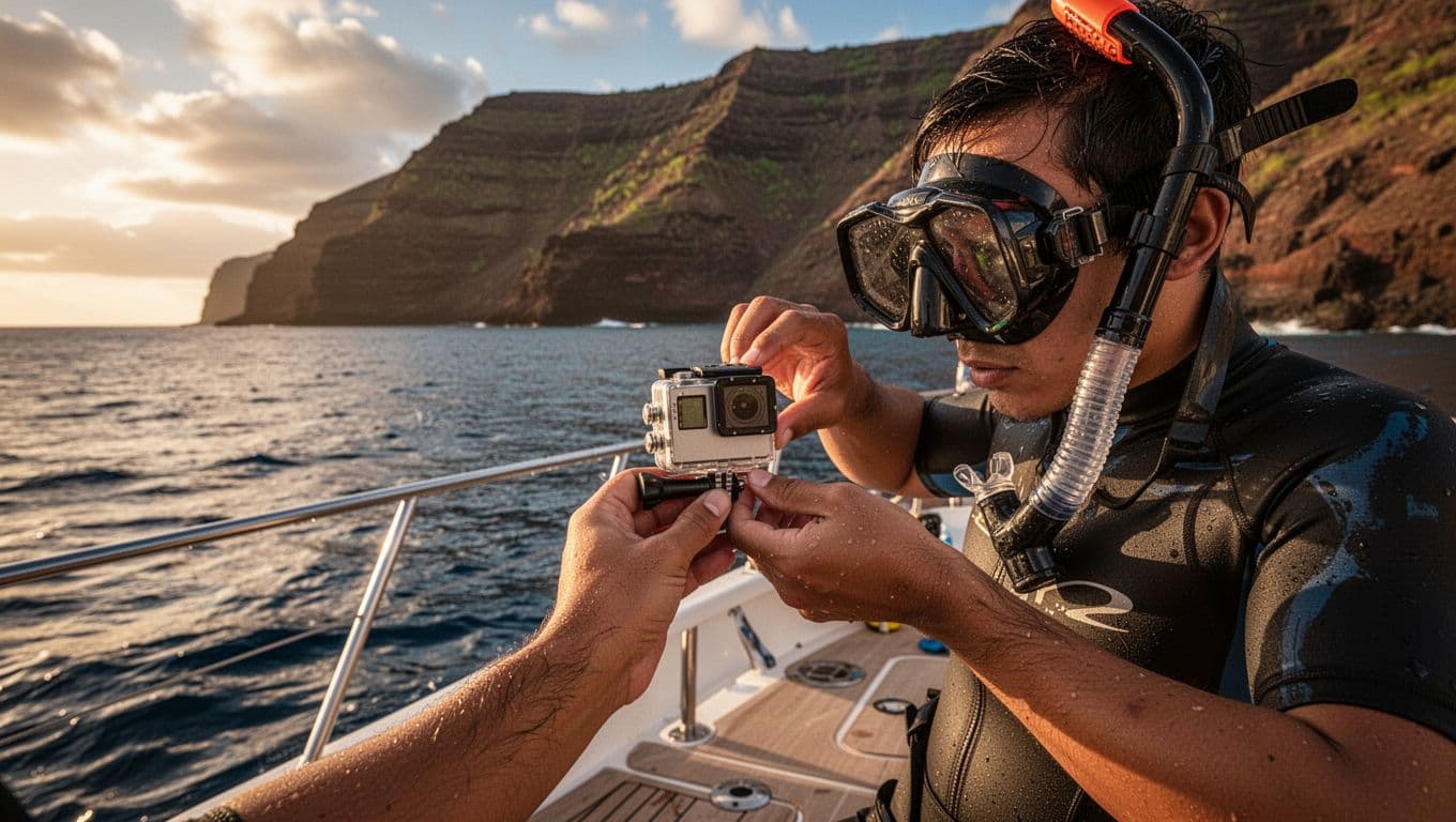 A snorkeler on a boat deck at Kealakekua Bay mounts a GoPro camera on their mask strap, with ocean cliffs in the background under golden hour lighting creating dramatic shadows and strong contrast.