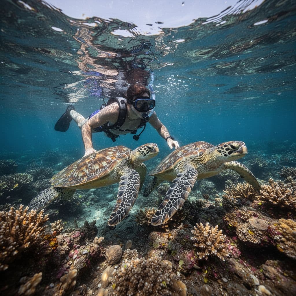 A person snorkels in clear blue water while observing a green sea turtle near a coral reef.