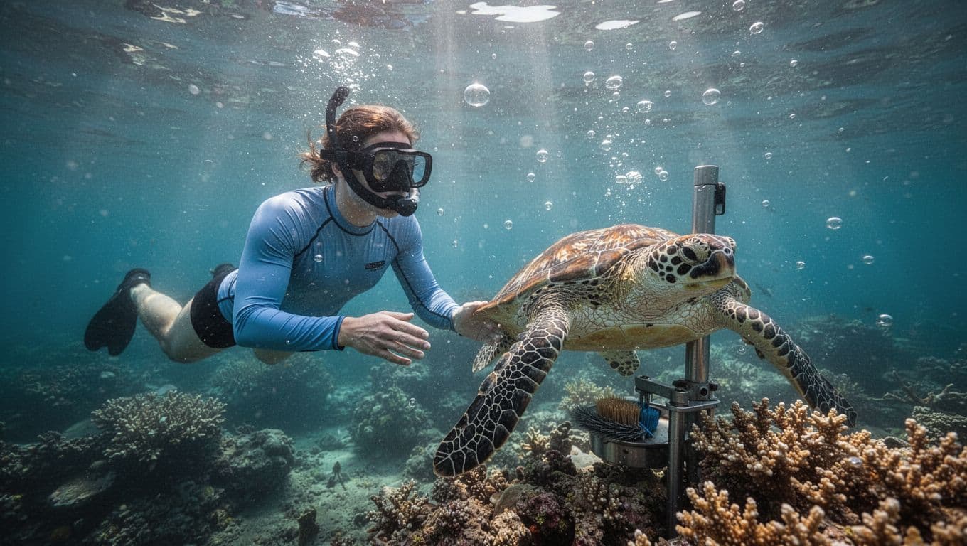 Snorkeler in rash guard floats observing Hawaiian green sea turtle at coral cleaning station in clear blue-green water.
