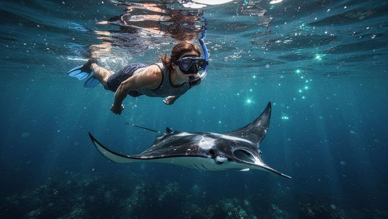 A calm snorkeler drifts on the shimmering surface of deep blue water while gazing down at a massive manta ray gliding gracefully through the tranquil depths beneath their outstretched body.