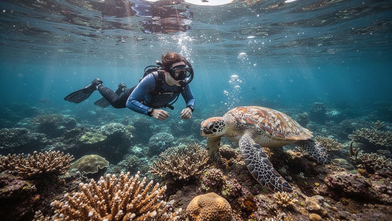 Snorkeler floats horizontally at ocean surface watching green sea turtle feed on coral reef 10 feet below in clear blue water.