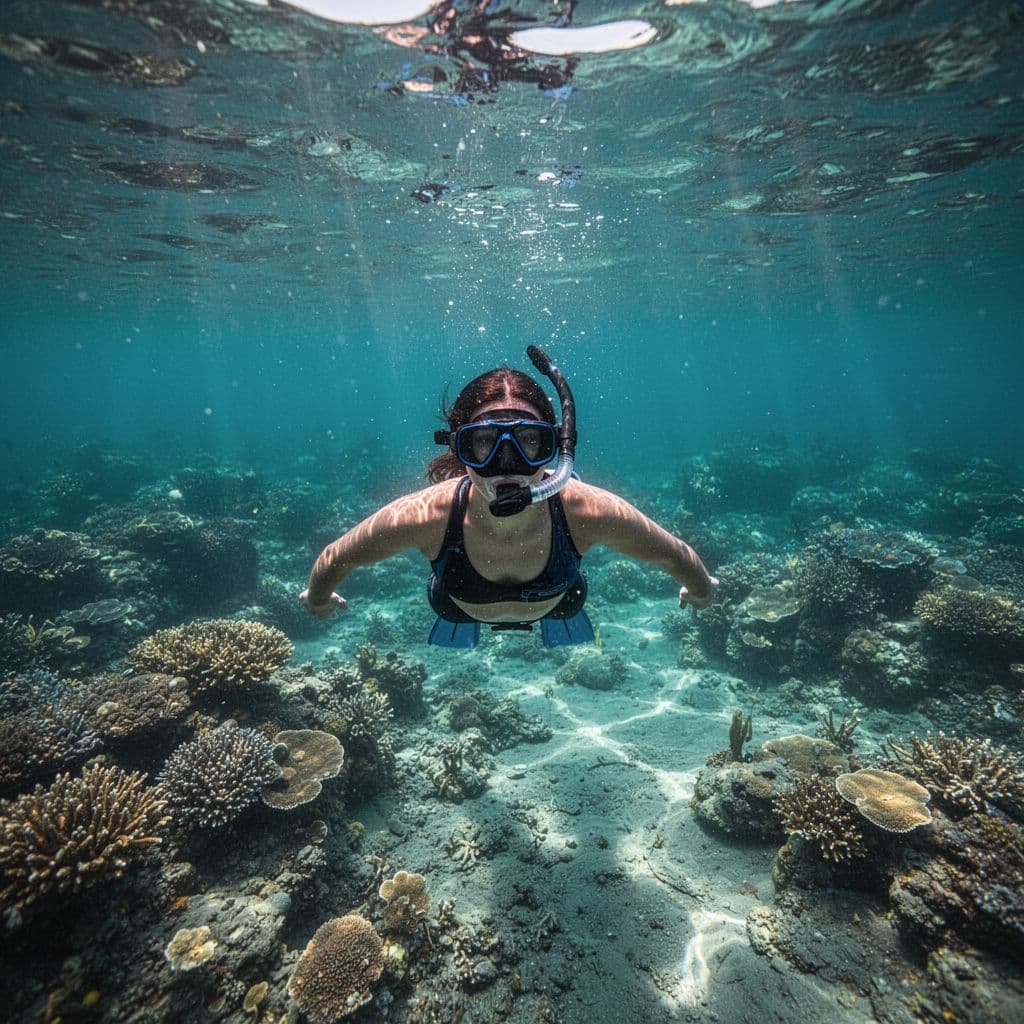 A person snorkels in bright turquoise water above a vibrant tropical coral reef.