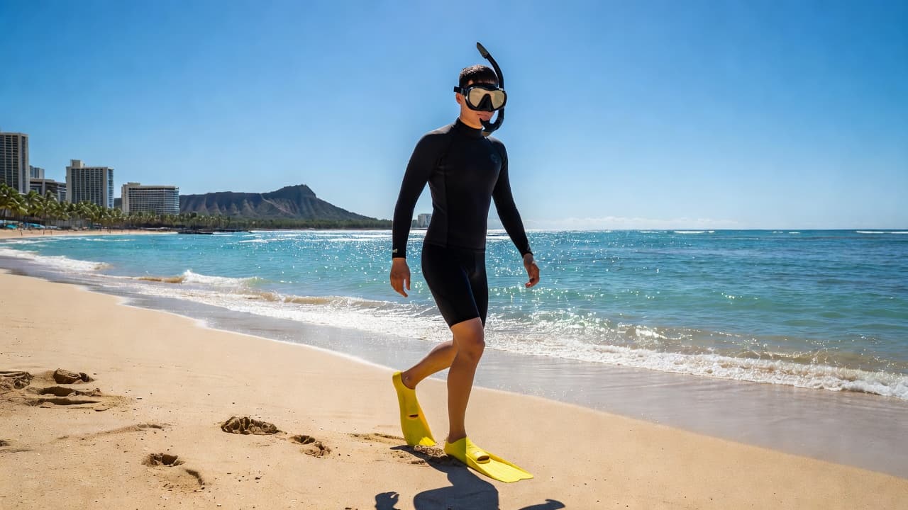 A person stands on the golden sands of Waikiki Beach wearing a snorkel mask and flippers. The clear blue ocean stretches toward the horizon under bright, cinematic Hawaiian sunshine and clouds.