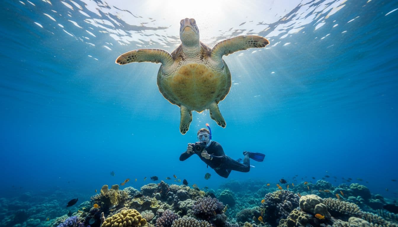 A snorkeler underwater at Turtle Canyon Oahu holds a waterproof camera pointed at a Hawaiian green sea turtle in clear blue water with bright sunlight sunbeams and natural coral reef background.