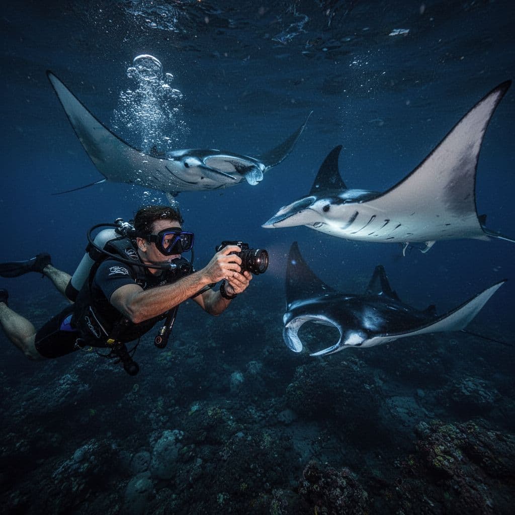 A snorkeler uses a waterproof smartphone to capture glowing manta rays during a night dive in Kona.