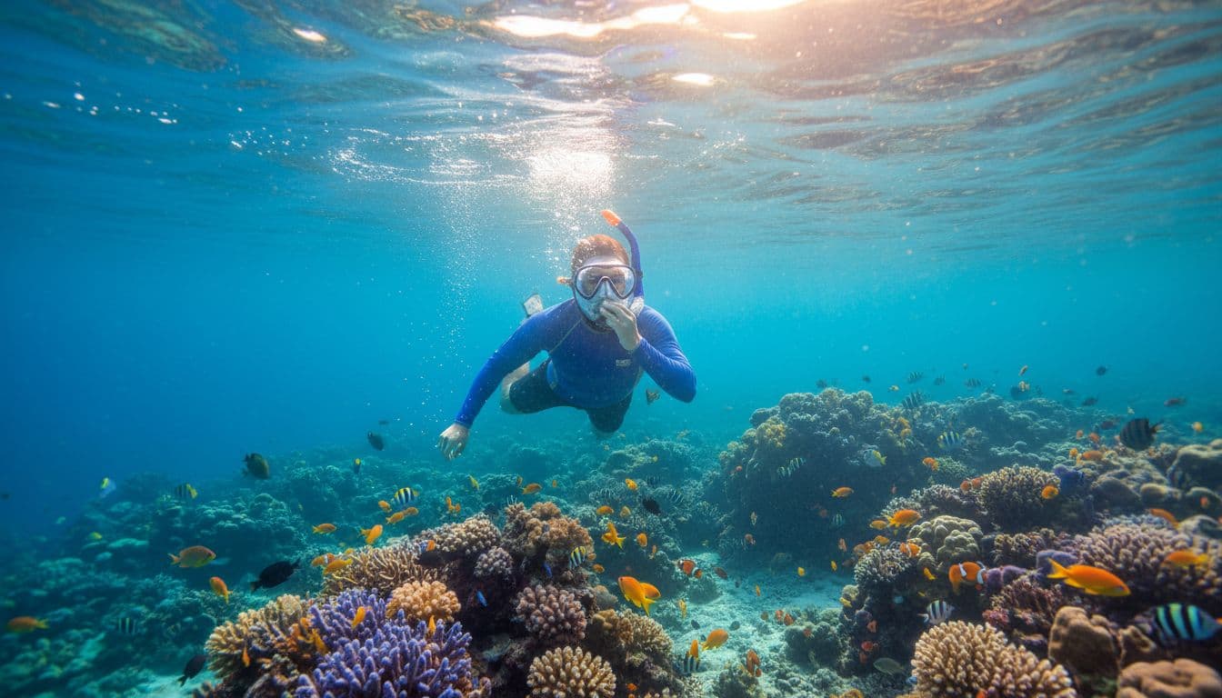 A snorkeler underwater in clear Oahu waters pinches their nose with one hand to equalize ears, surrounded by vibrant coral, fish, and sunlight filtering through the surface.