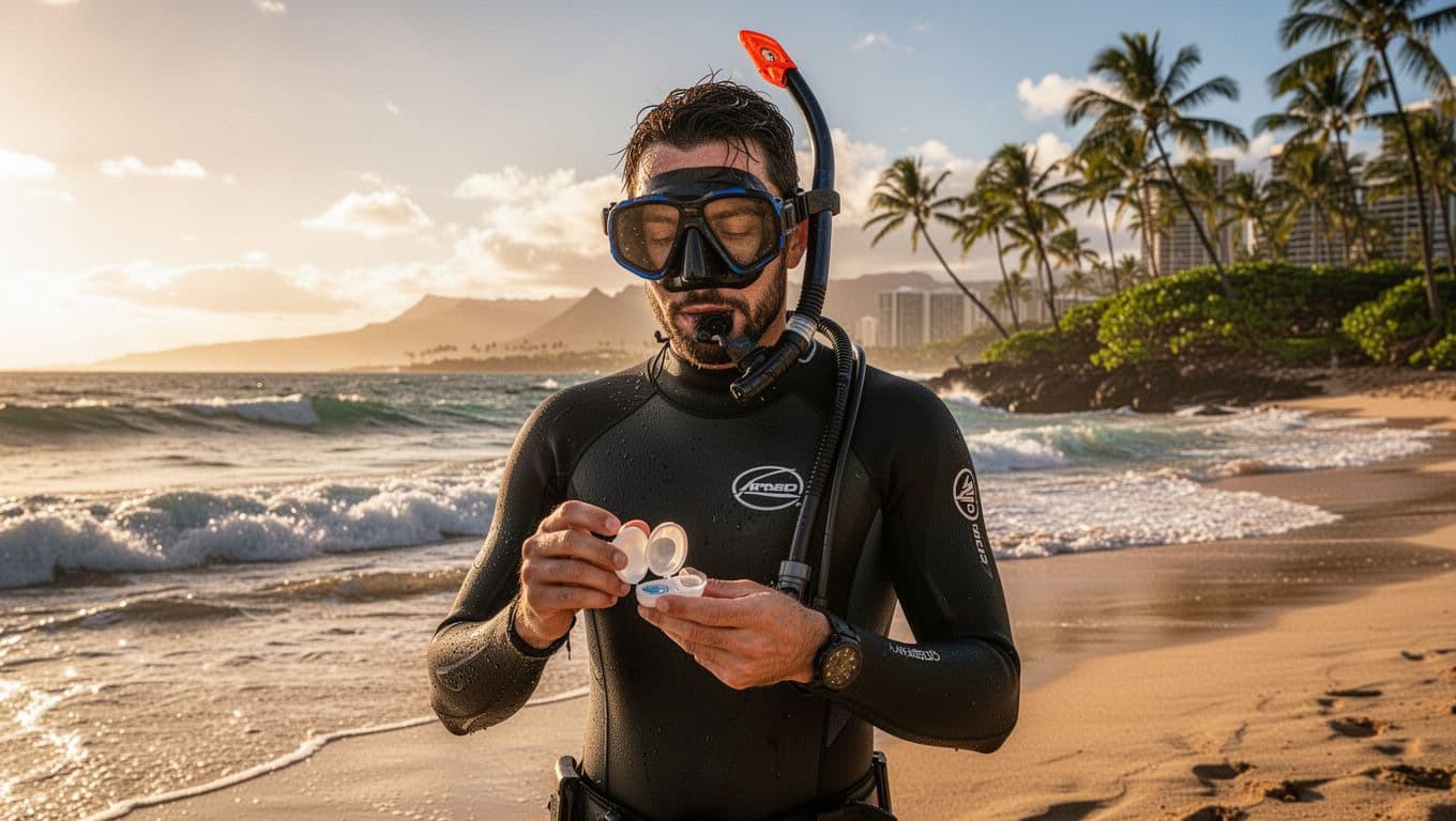 A solo snorkeler on a sunny Oahu beach near Waikiki relaxes while preparing contact lenses from the case before snorkeling, with ocean waves and palm trees in the golden hour background.