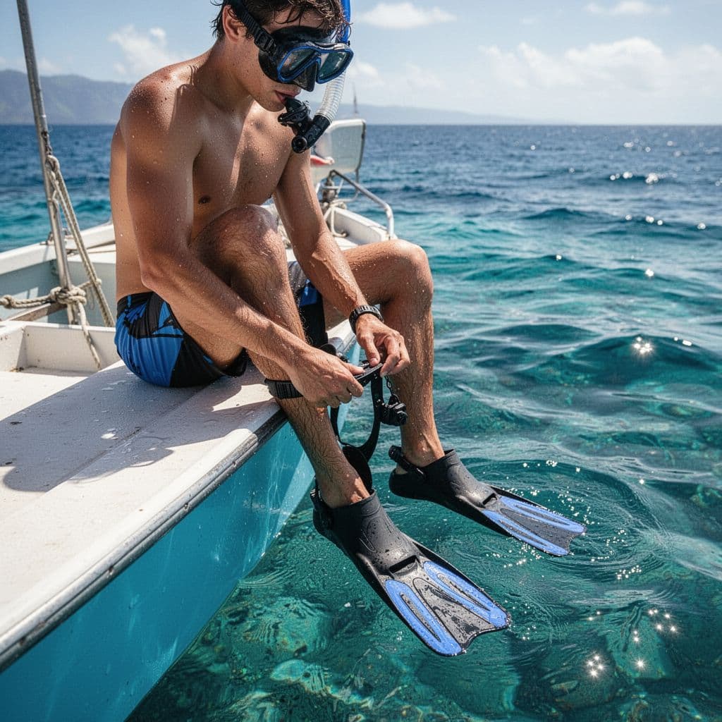 A person sits on a boat edge, putting on snorkeling fins before entering the clear ocean.