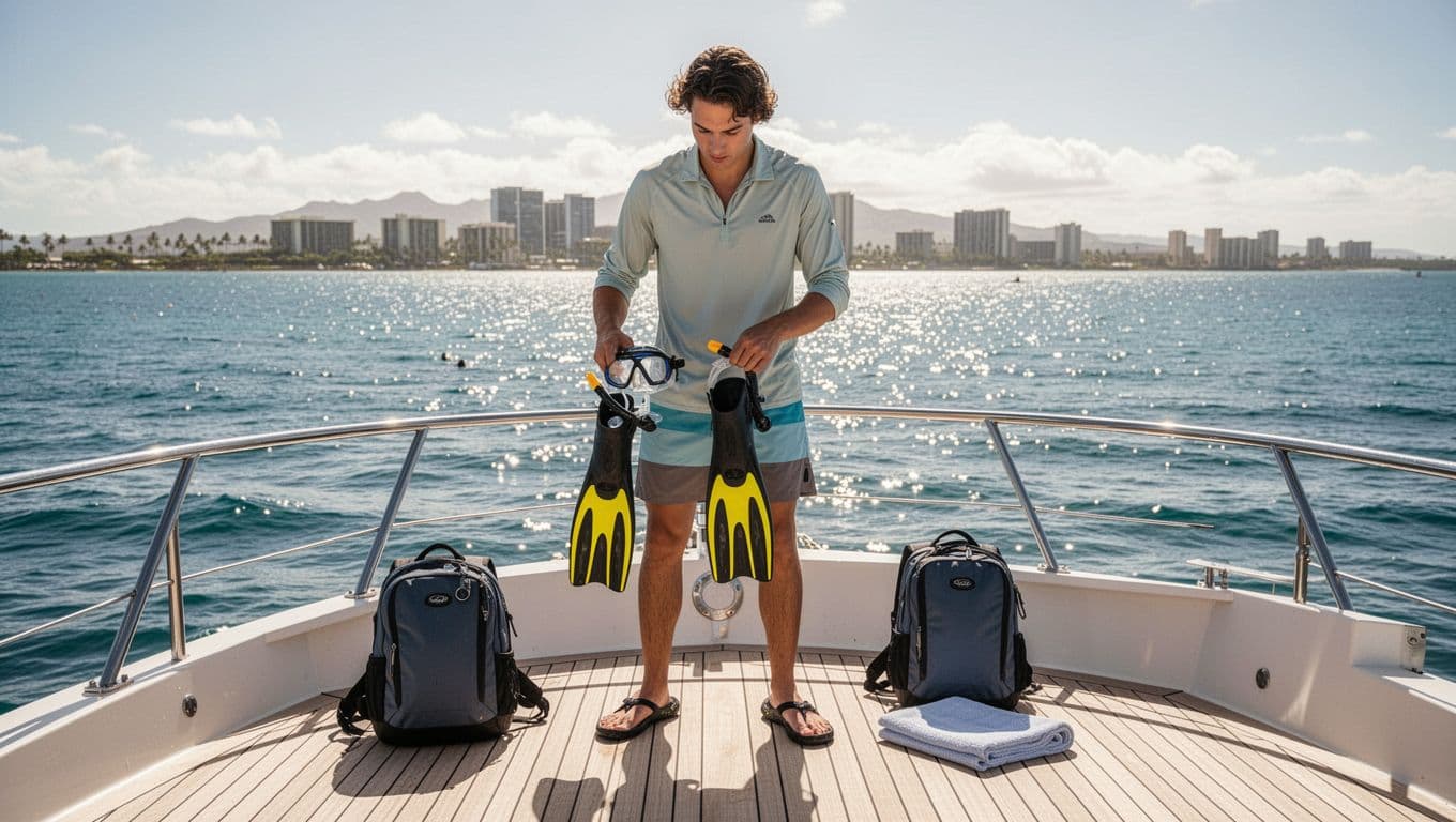 Person on sunny boat deck preparing for snorkeling, wearing quick-dry shirt, board shorts, water shoes, holding fins and mask, with ocean background and Waikiki in distance.