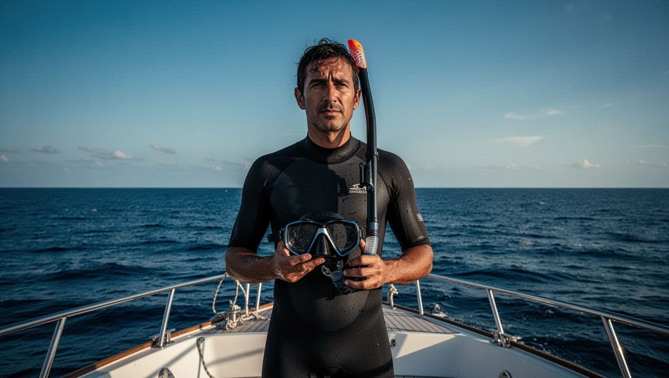 A person stands on a boat deck holding a snorkeling mask against a backdrop of deep blue water.
