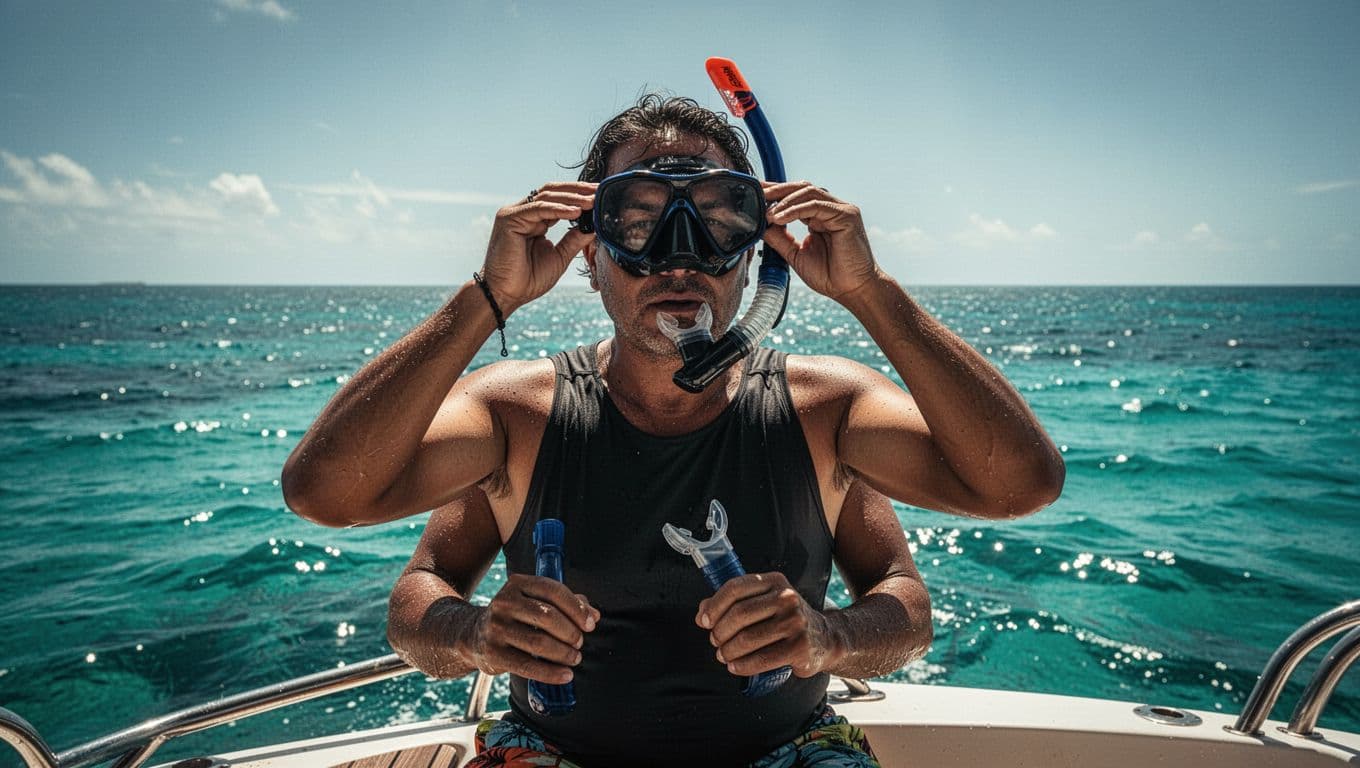 A person stands on a wooden boat deck in Hawaii, adjusting their mask and snorkel before entering the water. Sunlight highlights the sparkling cyan ocean waves surrounding the stationary vessel nearby.