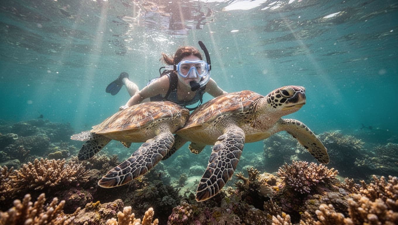 A snorkeler wearing a prescription mask swims close to a Hawaiian green sea turtle in clear turquoise Oahu waters near a coral reef, with sunlight beams filtering through for a cinematic effect.