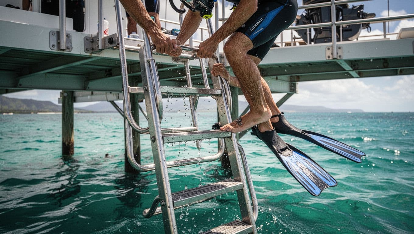 Close-up of a snorkeler's hands and feet on a boat ladder while reboarding at an Oahu snorkeling spot, with secure grips, dripping water, lightly kicking fins, and turquoise sea in cinematic style.