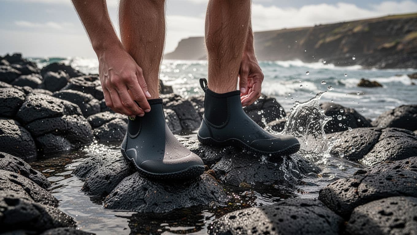Close-up of snorkeler's feet in thick rubber reef booties firmly planted on wet black slippery lava rocks beside the ocean edge, with Oahu coast blurred in the background and focus on secure footing.