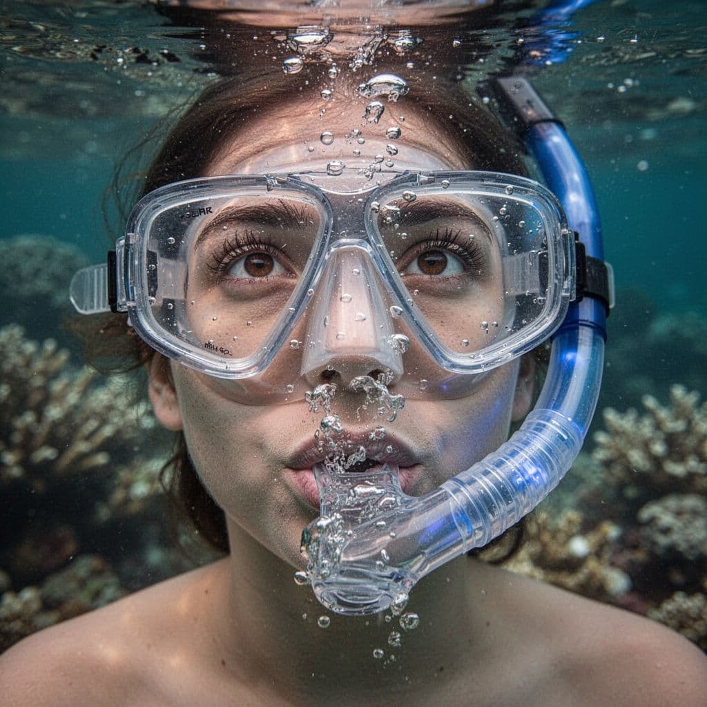 Close-up of snorkeler's face with mask, mouth on mouthpiece exhaling rising bubbles, relaxed cheeks, water droplets on lens, blurred coral reef background.