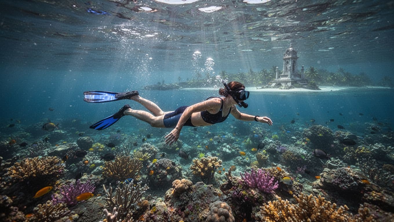 Snorkeler kicks fins gently in clear Kealakekua Bay waters above vibrant coral reef, distant Captain Cook monument on shore.