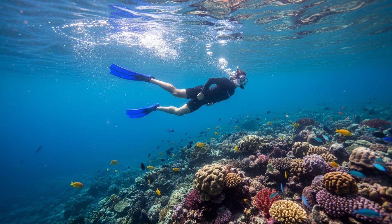Snorkeler kicks fins with relaxed flutter kick in clear Oahu reef waters amid colorful coral, fish, and rising bubbles.