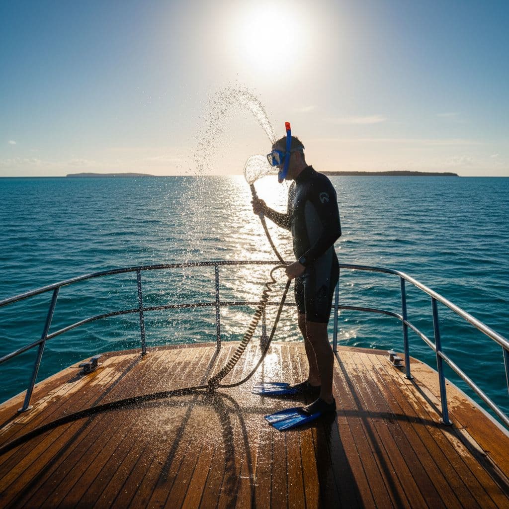 Snorkeler stands on ocean boat deck rinsing salt water with freshwater hose on sunny day.