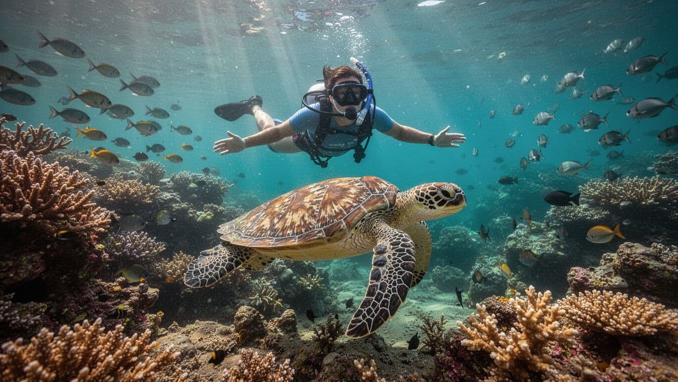 A snorkeler floats calmly above a Hawaiian green sea turtle at Turtle Canyon reef in Oahu, maintaining a safe distance with no touching, surrounded by colorful corals and fish in clear water with sunlight filtering through.