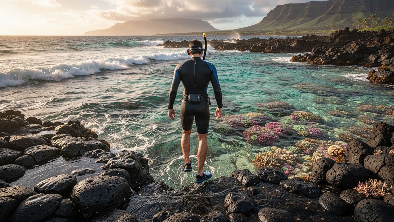 A snorkeler wearing reef shoes carefully steps from black slippery lava rocks into clear turquoise ocean water on Oahu's rugged coastline, with vibrant coral visible below.