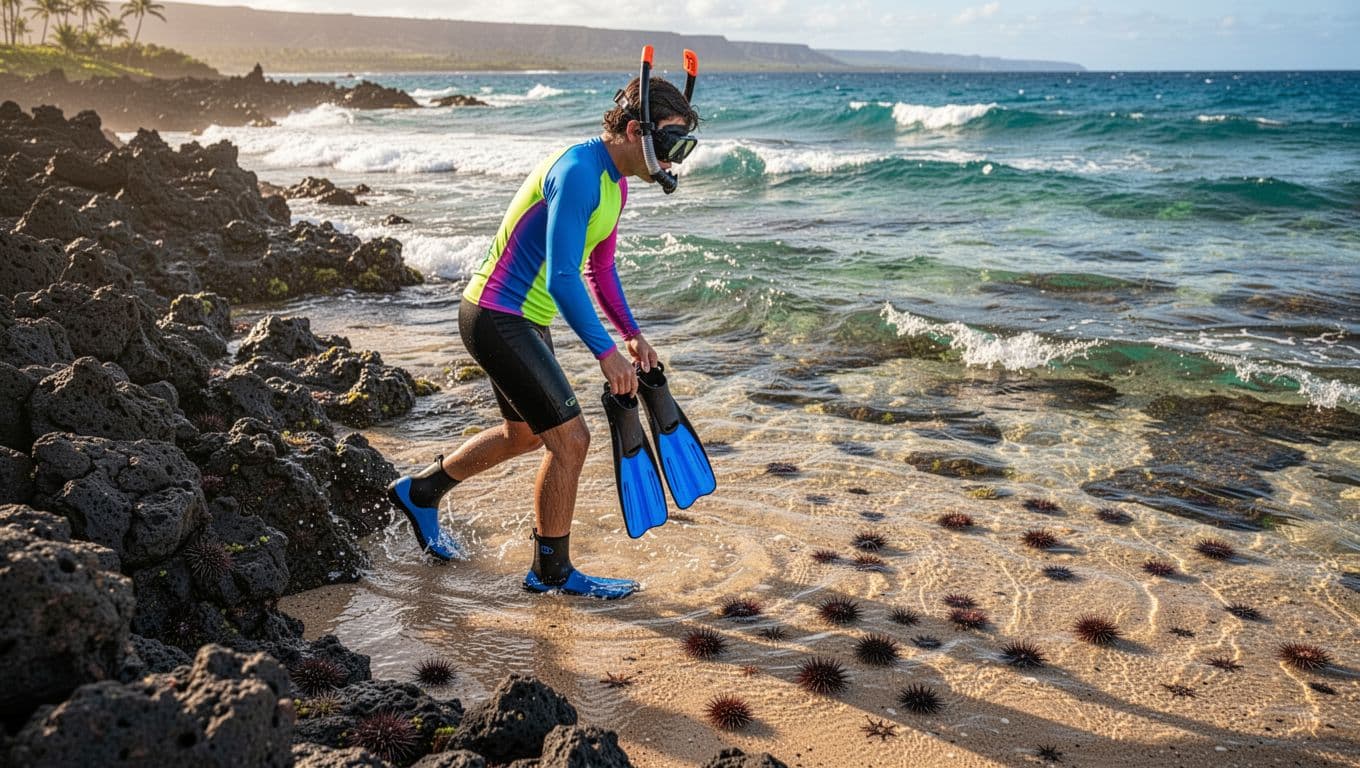 A snorkeler in rash guard and booties carefully steps from lava rocks into shallow Oahu shoreline water, fins in hand, scanning for urchins in a side profile cinematic composition.