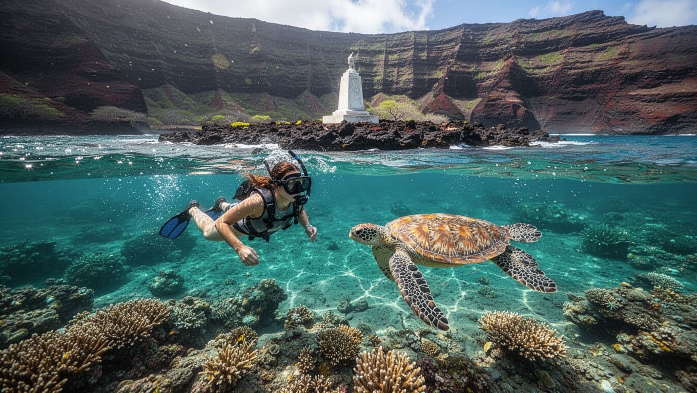 A solo snorkeler gently swims near a green sea turtle gliding by colorful coral reef in crystal-clear turquoise waters of Kealakekua Bay, Big Island Hawaii, with the distant Captain Cook Monument under dramatic volcanic cliffs.
