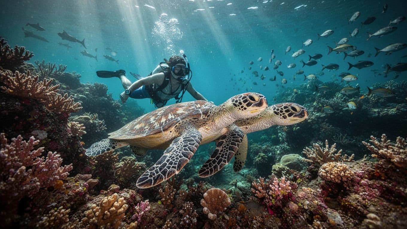 Snorkeler swims close to Hawaiian green sea turtle in turquoise water with sunlight shafts, vibrant corals, and fish schools.