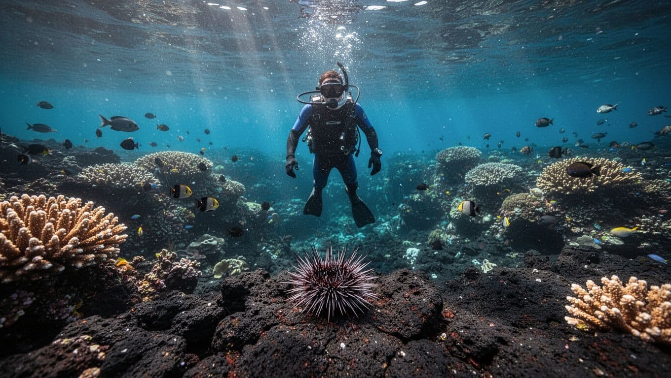 A snorkeler watches a sea urchin above a black lava reef in clear blue water.