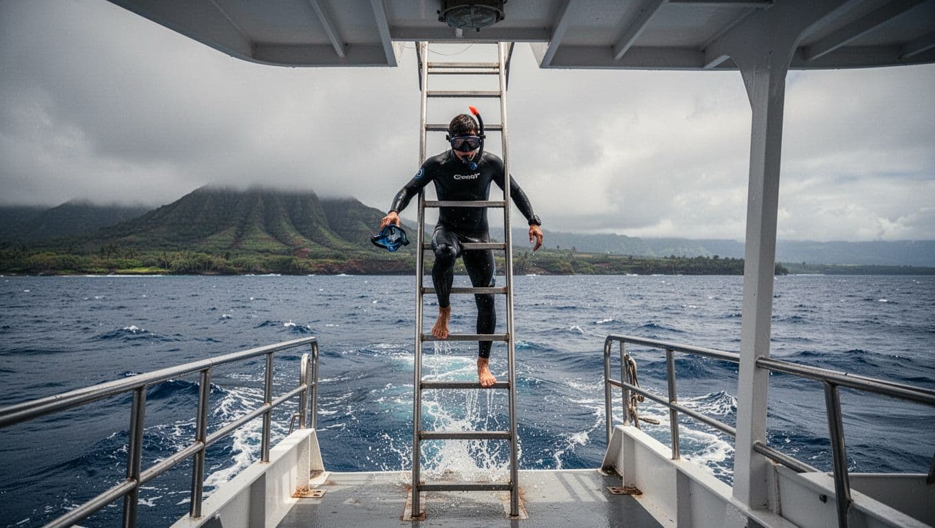 Single snorkeler struggles up narrow vertical ladder from choppy ocean to boat deck, holding mask.
