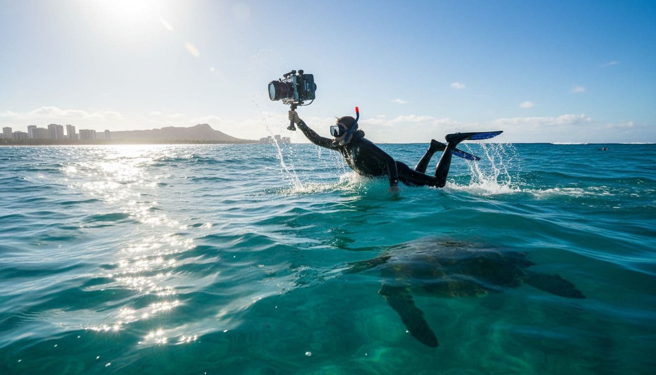 A snorkeler surfaces mid-motion at Turtle Canyon in Oahu, camera above water with bright sun reflecting on waves and a turtle fin visible below the surface, faint Waikiki skyline on the horizon.