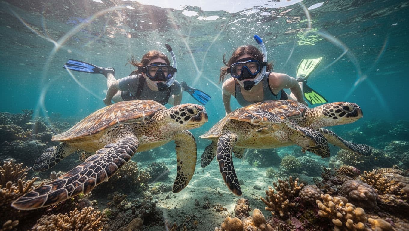 Snorkeler swims alongside Hawaiian green sea turtle near coral reef in turquoise waters.