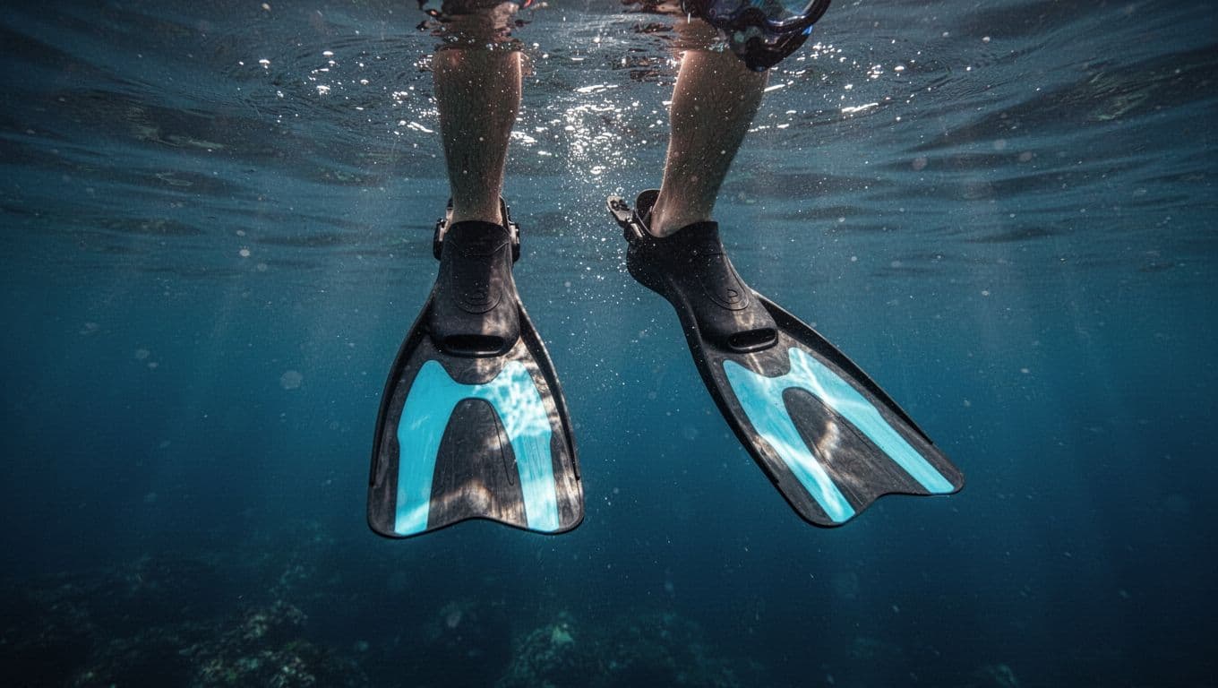 A close-up view of a person wearing high-quality fins while swimming gracefully through deep blue water.
