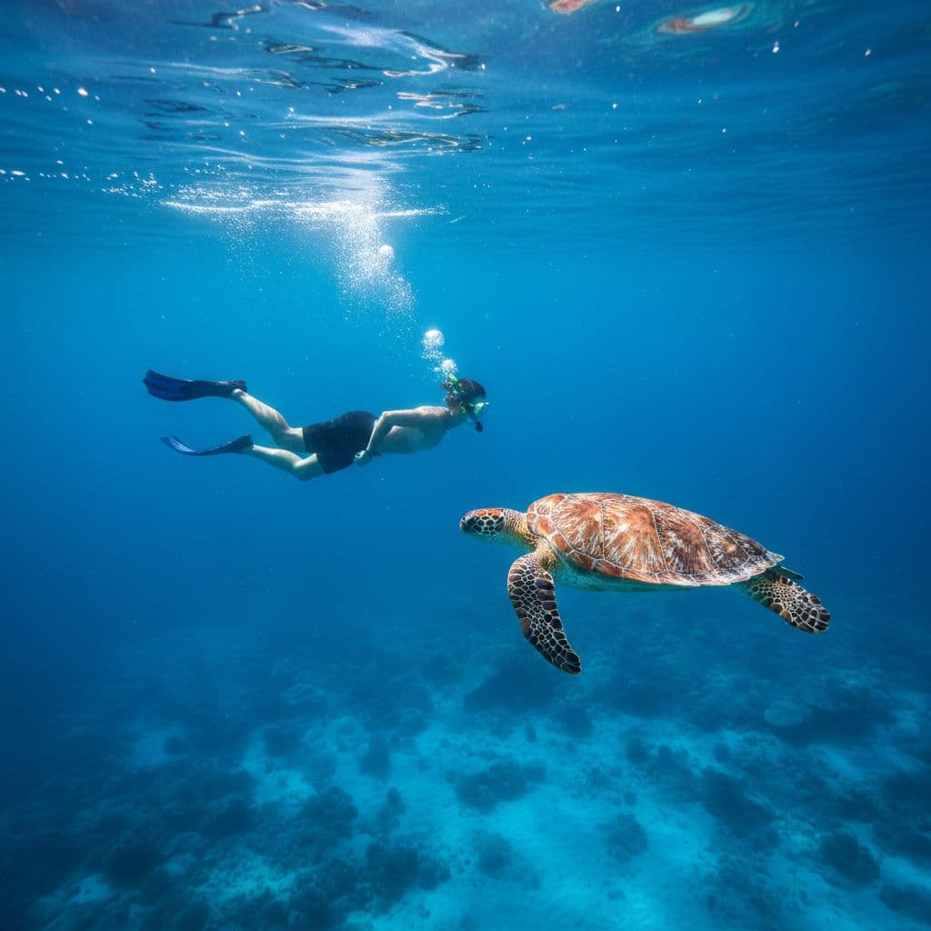 A snorkeler explores crystal clear blue water alongside a Hawaiian green sea turtle.