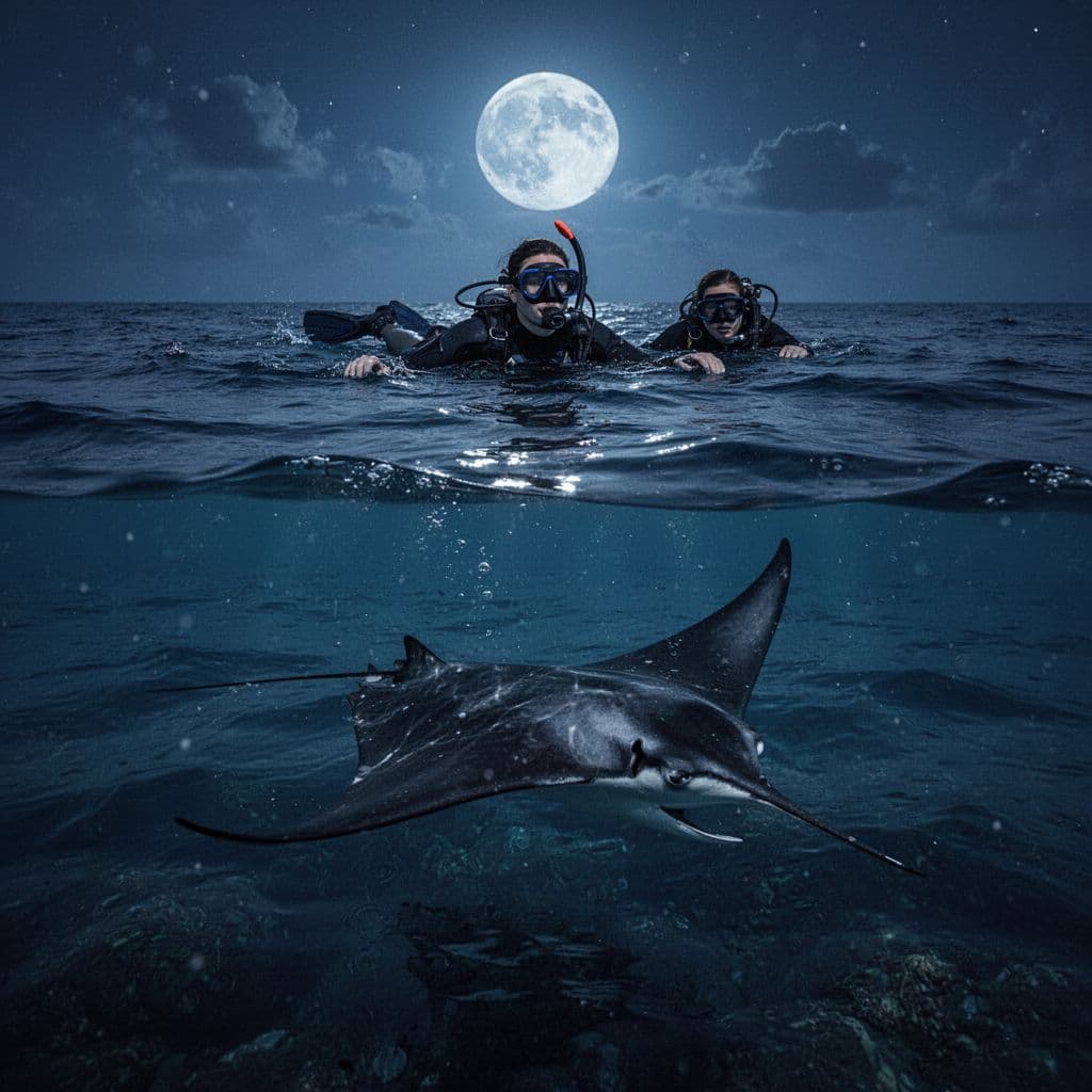 A person floats on the ocean surface at night while a large manta ray glides beneath them.