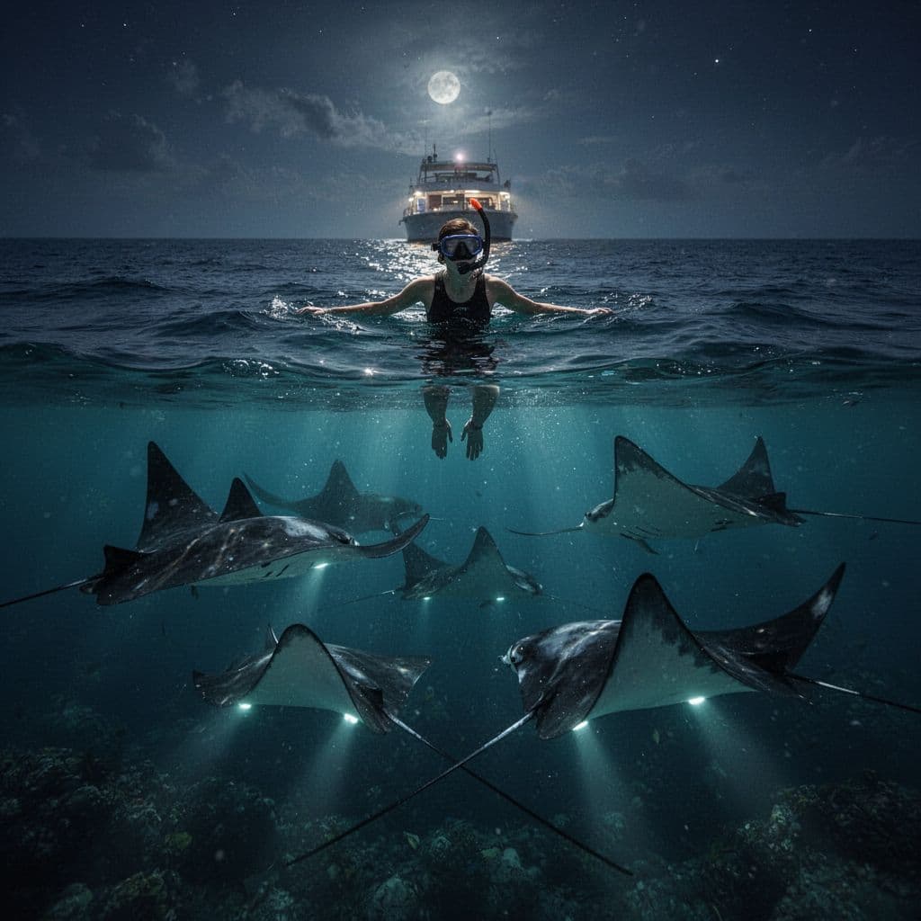 A lone snorkeler drifts above majestic manta rays illuminated by bright lights in the deep blue ocean.