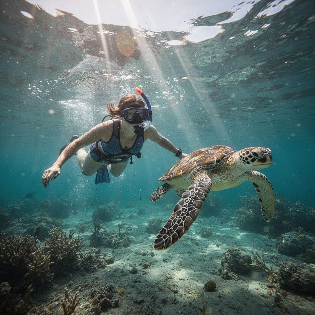 A snorkeler glides through clear blue water beside a sea turtle under sunlit rays.
