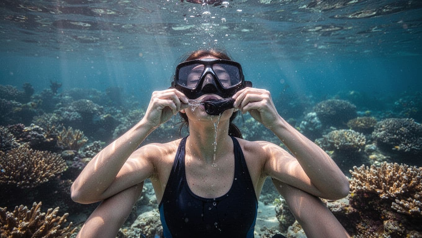 Snorkeler tilts head back underwater, hand holding mask skirt to drain water, relaxed amid coral and sunlight.