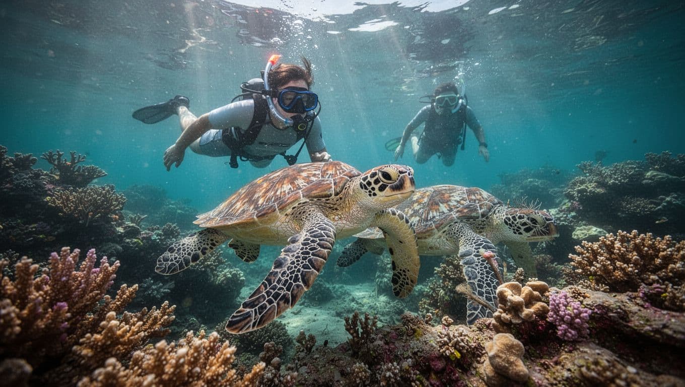 Underwater scene at Turtle Canyon off Waikiki, Hawaii, with a snorkeler swimming too close to a startled Hawaiian green sea turtle at a cleaning station, the turtle fleeing toward the coral reef in clear turquoise water.