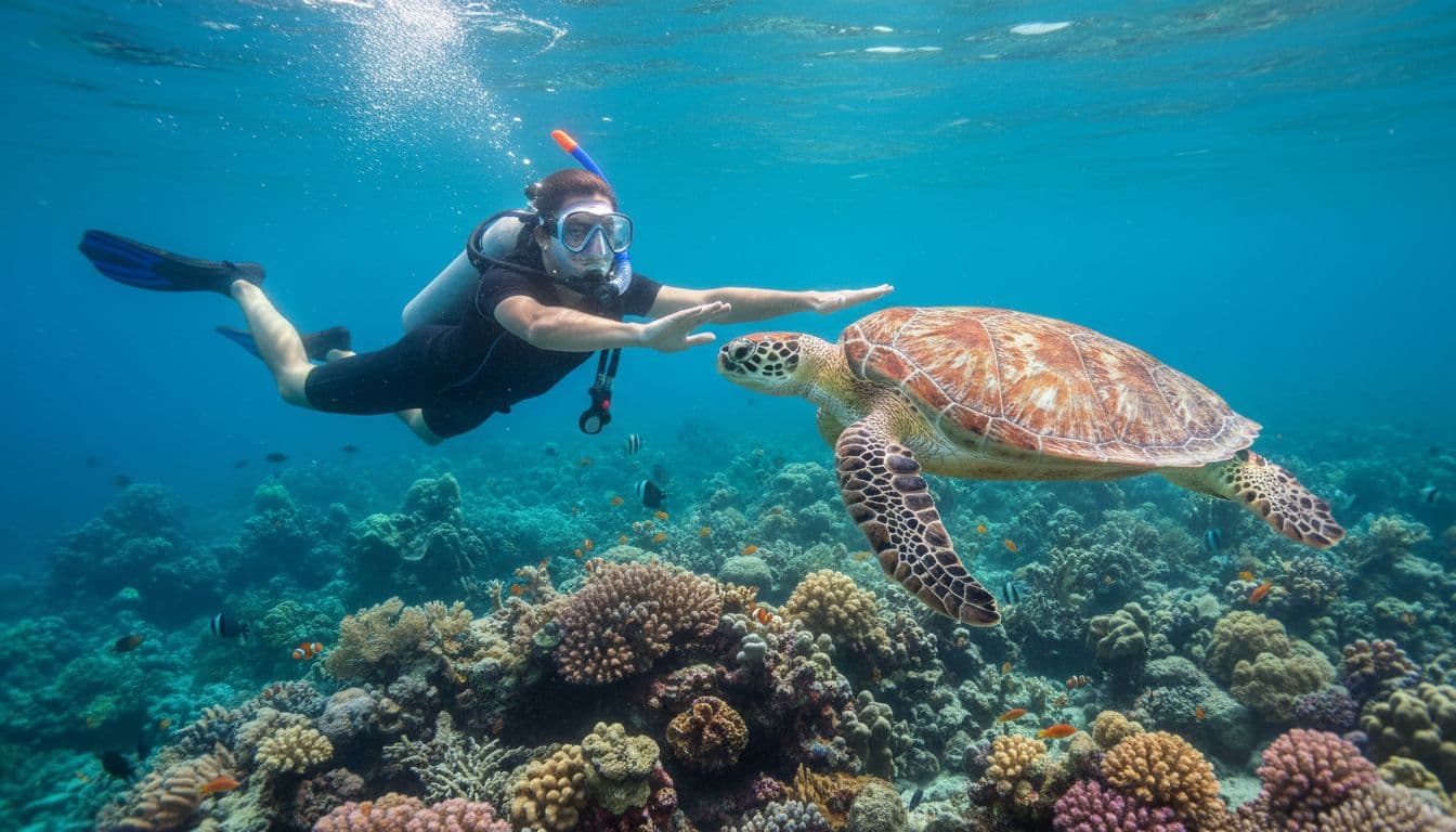 A snorkeler underwater makes the standard scuba hand signal for a turtle, with one hand flat palm down like a shell over the other fist like head and neck, while a green sea turtle swims nearby at a safe distance amid a coral reef background with fish in clear blue-green water.