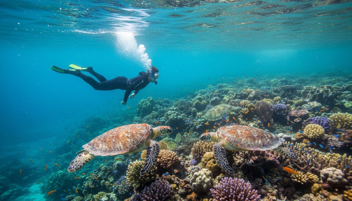 Snorkeler explores vibrant coral reef in turquoise waters with two green sea turtles nearby, sunlight rays piercing surface, Oahu coastline distant.