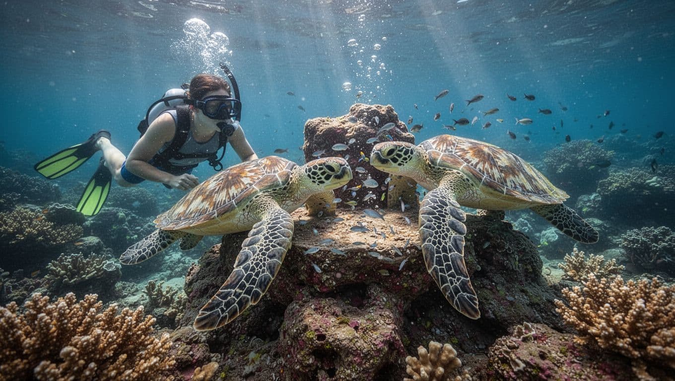 Snorkeler watches two Hawaiian green sea turtles at rocky underwater cleaning station with coral reef and sun rays.