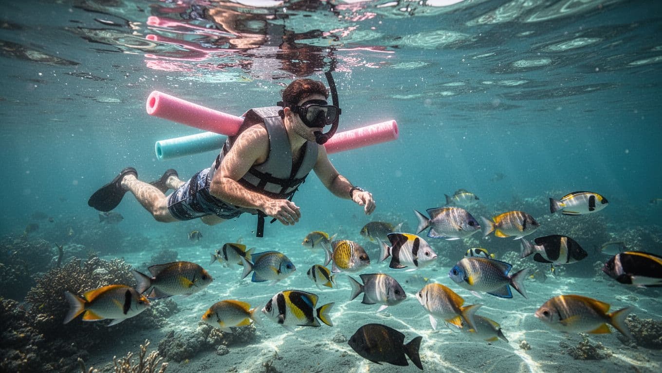 A person floats in crystal clear tropical water, wearing a bright orange life vest and holding a blue foam noodle. Below them, vibrant tropical fish swim through the bright, sunlit reef.